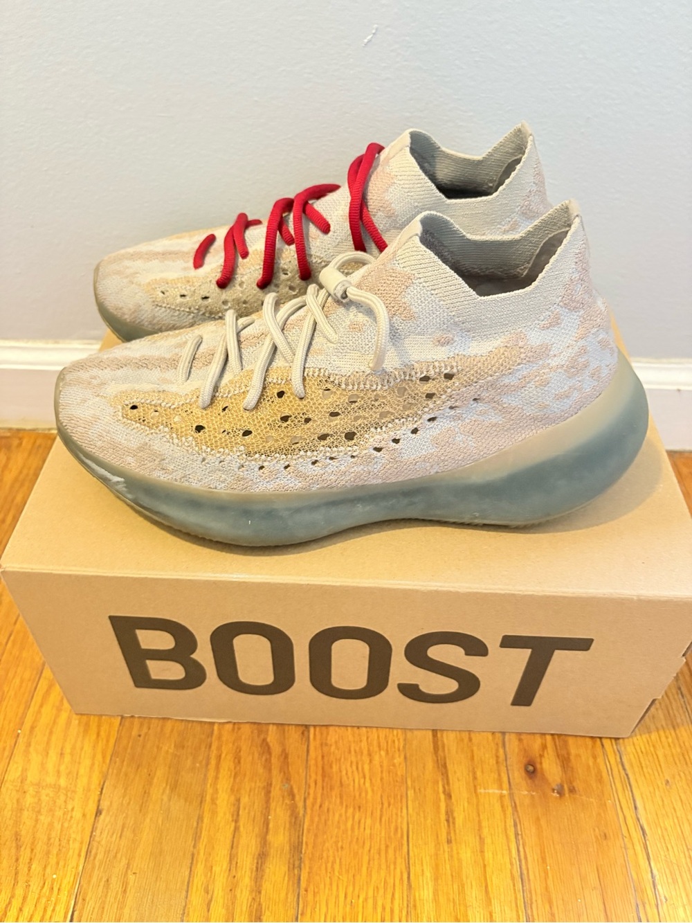 Yeezy Men's Knit Sneaker in Beige, Cream and Red Accent